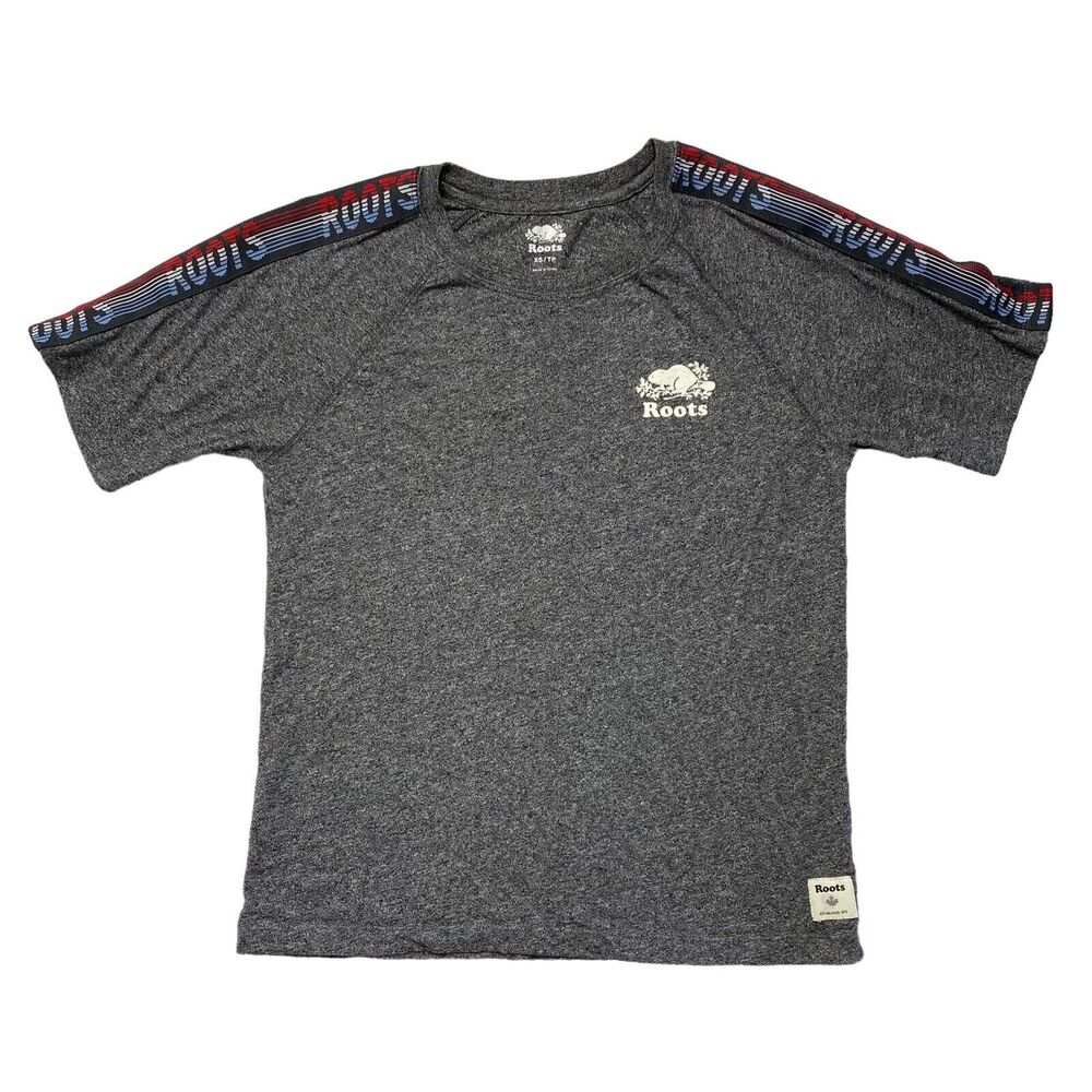 ROOTS Gray Shoulder Stripe Logo Red White Blue Short Sleeve Shirt XS Mens Unisex